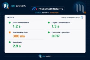 Core Web Vitals dashboard showing LCP, INP, and CLS scores, a screen shot of page speed insight